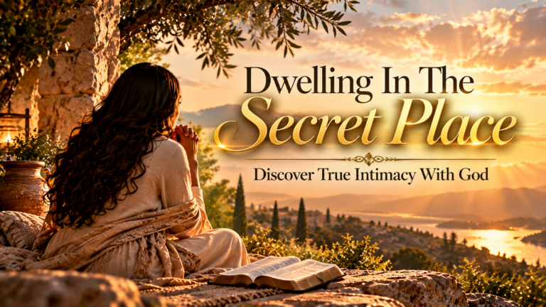 Woman praying beside an open Bible in a peaceful secret place at sunset, representing intimacy with God, prayer, and dwelling in His presence.