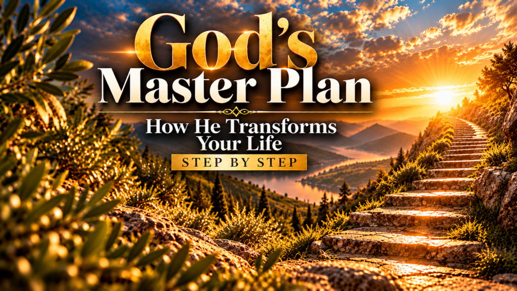 God’s Master Plan: How He Transforms Your Life Step by Step, featuring a Bible, compass, mountain pathway, and golden sunrise symbolizing God’s guidance and transformation.