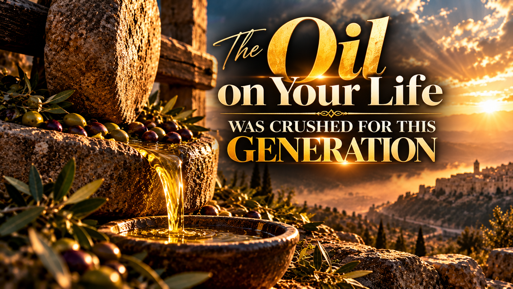 Olives being crushed in a stone press as golden oil flows out, representing how God uses seasons of crushing to prepare our lives to bring healing to others.