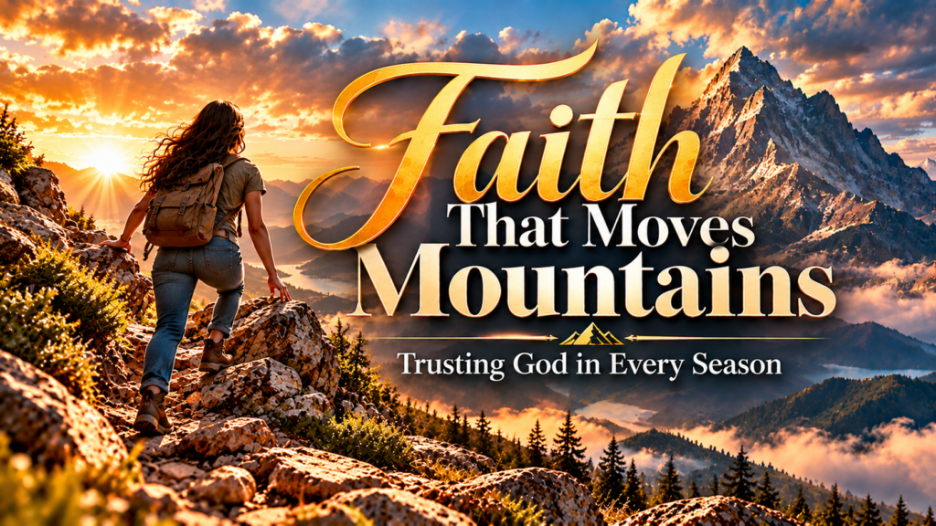 Woman in jeans and a T-shirt climbing rugged mountain terrain toward the summit, representing faith, perseverance, and trusting God through every season.