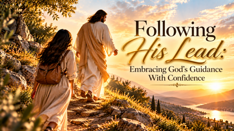 Jesus walking ahead on a mountain path as a young Hispanic woman follows behind, symbolizing following God’s guidance with faith and confidence.