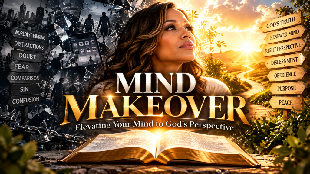 Mind Makeover teaching image showing a woman moving from worldly thinking, fear, doubt, and confusion toward God’s truth, a renewed mind, discernment, obedience, purpose, and peace through the Word of God.