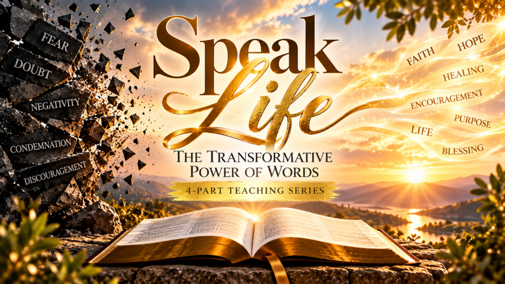 Featured image for Speak Life: The Transformative Power of Words, a four-part teaching series illustrating destructive words breaking away as faith, hope, healing, encouragement, purpose, life, and blessing emerge through biblical truth.